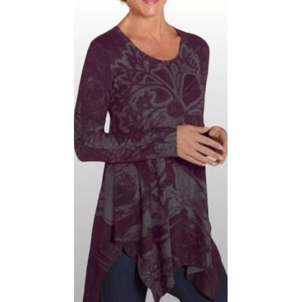 Soft Surroundings Sz L Blk Abstract LS Handkerchief Swing Lagenlook Scoop Top